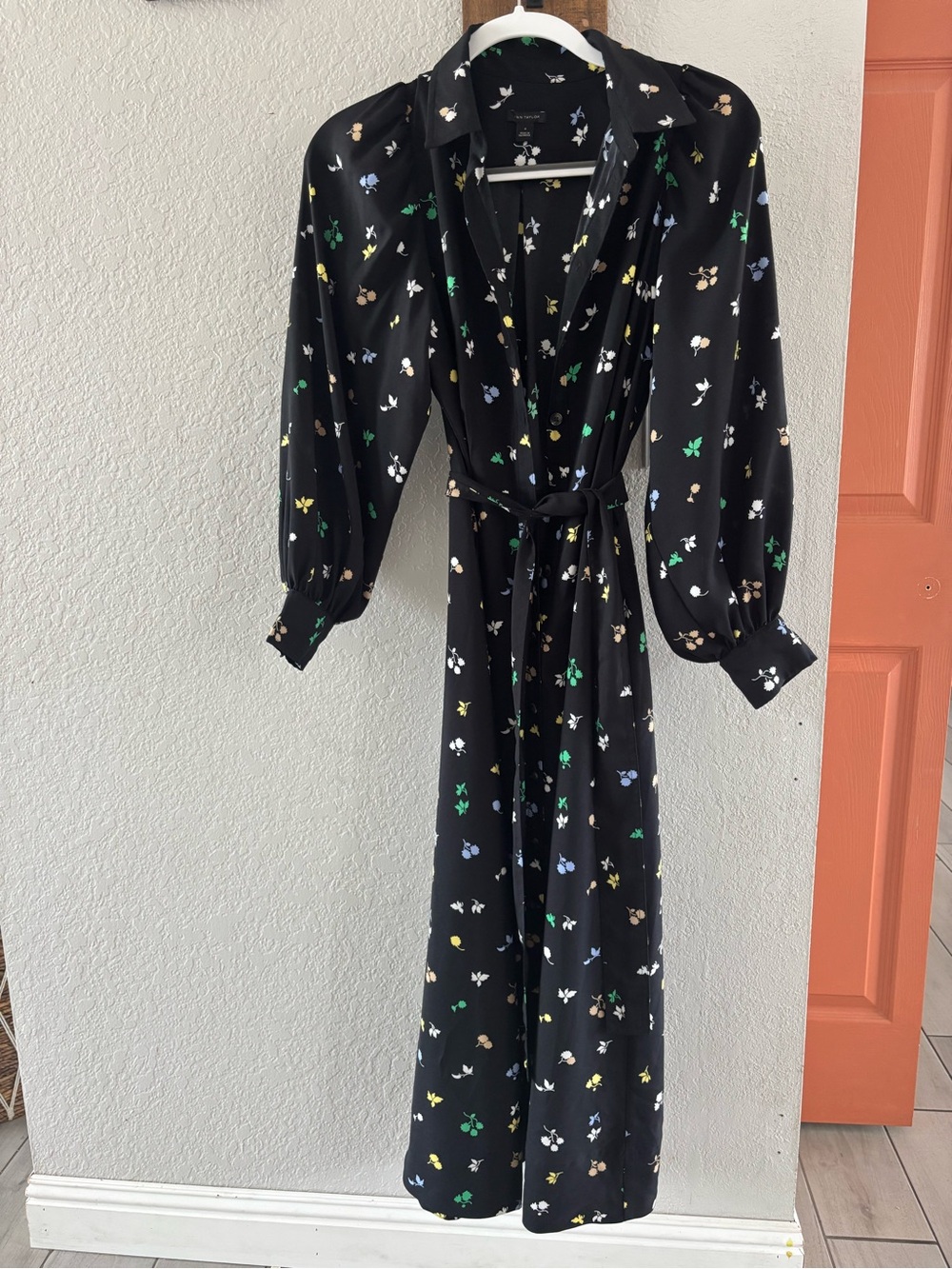 Ann Taylor Black Long Sleeve Floral Wrap Dress